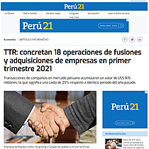 TTR: concretan 18 operaciones de fusiones y adquisiciones de empresas en primer trimestre 2021